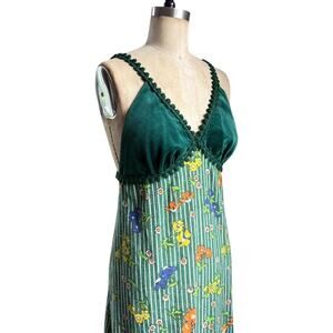 Vintage 70s whimsical Green velvet floral maxi dress